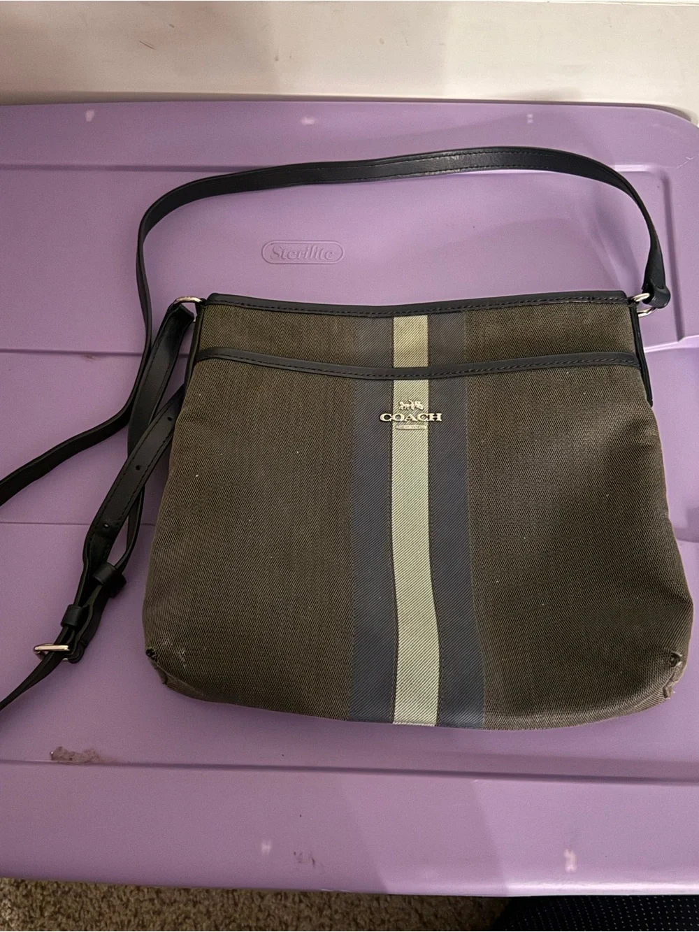 Coach Men's Crossbody Messenger Bag in Olive with Navy and Light Green Stripe
